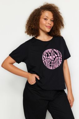 Trendyol Curve Black Slogan Printed Crop Knitted T-shirt