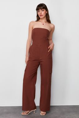 Trendyol Brown Cargo Pocket Strapless Collar Woven Jumpsuit