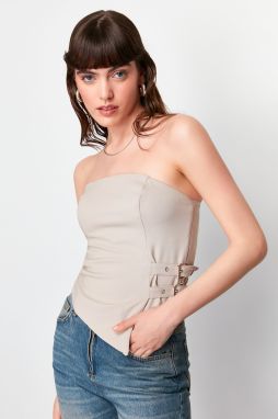 Trendyol Mink Strapless Fitted Belt Buckle Detail Woven Blouse