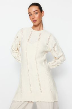 Trendyol Ecru prelamovaný/perforovaný bavlnený pletený sveter
