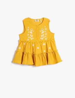 Koton Sleeveless T-Shirt with Embroidered Flowers and Ruffles in a loose fit.