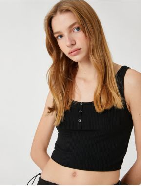 Koton Ribbed Undershirt Crop U Neck Front Buttoned Ribbed
