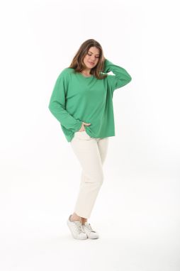 Şans Women's Plus Size Green Crew Neck Long Sleeve Blouse