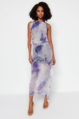 Trendyol Lilac Printed Tulle Slit Detailed Ruffled Midi Stretchy Knitted Skirt