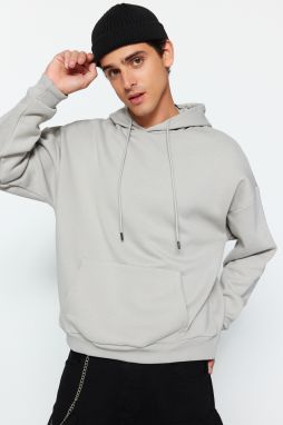 Trendyol Limited Edition Gray Oversize/Wide Cut Embroidered Fleece Hooded Sweatshirt