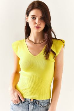 Olalook Women's Yellow Shoulder And Skirt Detailed Front Back V Knitwear Blouse