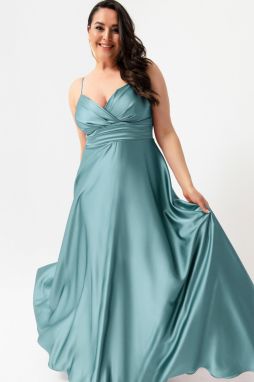Lafaba Dámske saténové šaty Plus Size Long Evening & Prom s tyrkysovými povrazovými ramienkami