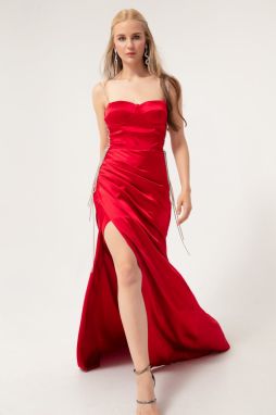 Lafaba Women's Red Strapless Long Satin Evening Dress