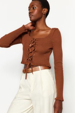 Trendyol Brown Crop Eyelet Detailed Knitwear Sweater