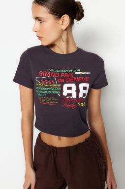 Trendyol Anthracite 100% Cotton Slogan Print Fitted Crop Knitted T-Shirt