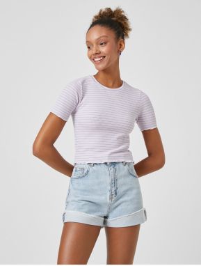 Koton Crop T-Shirt, Textured Crew Neck Short Sleeve Viscose Blend.