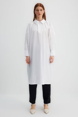 Trendyol X Kevser Sarıoğlu White Half Pat Gathered Detail 100% Cotton Poplin Woven Tunic