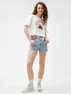 Koton Crop T-Shirt Printed Short Sleeve Crew Neck Cotton