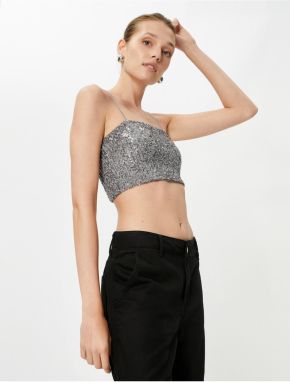 Koton Sequined Crop Top Thin Straps Square Neck