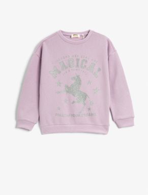 Koton Unicorn Sweatshirt Silvery Crew Neck Long Sleeve Cotton Raised