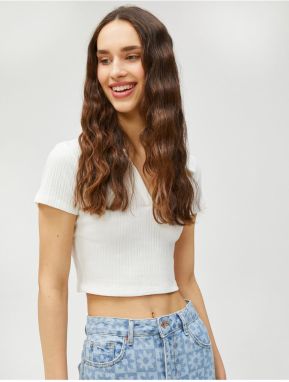 Koton Crop T-Shirt Polo Neck Short Sleeve Textured