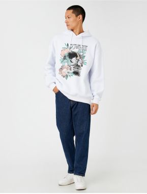 Koton Hooded Oversized Sweatshirt, Raised Skull Printed