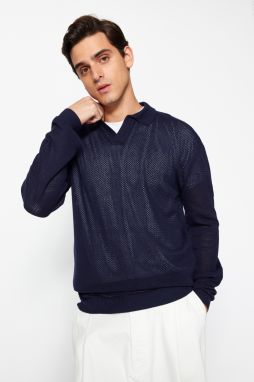 Trendyol Navy Regular Fit Polo Neck Crochet Detail Cotton Knitwear Sweater