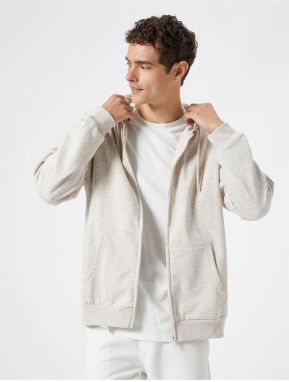 Koton Oversize Zippered Sweatshirt Hooded Pocket Detailed Label Printed Ribbon