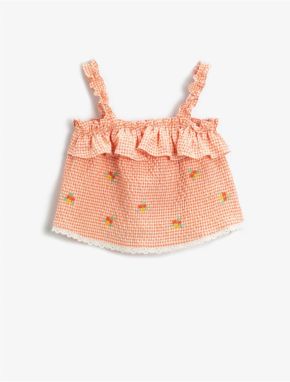 Koton Floral Embroidered Gingham Dress with Ruffled Straps