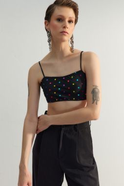 Trendyol Black-Multicolor Crop Lined Tulle Polka Dot Bustier