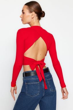 Trendyol Red Decollete Decollete Tie Detailed Fitted Crew Neck Crop Ribbed Knitted Blouse