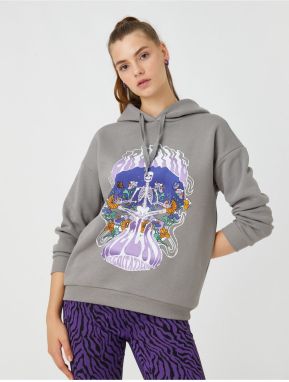 Koton Oversize Sweatshirt Printed Hooded Fleece Inside