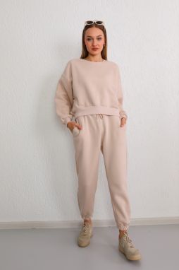 BİKELİFE Women's Beige Three Thread Rose Gold Oversize Crop Tracksuit Set