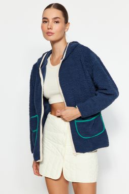 Trendyol Navy Blue hrubý fleece kontrast Welt kapucňa uvoľnený/pohodlný fit pletená mikina