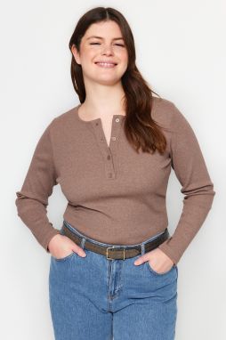 Trendyol Curve Mink Crew Neck Plain Basic Corded Knitted Blouse