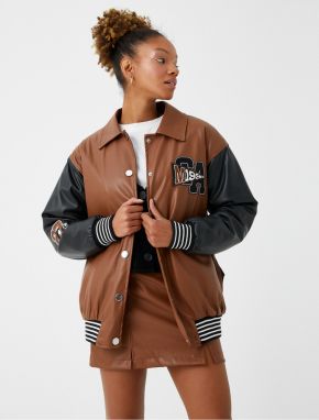 Koton Pilot Jacket With a Leather Look, Applique Detailed