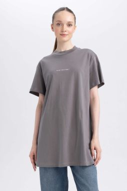 DEFACTO Regular Fit Crew Neck Slogan Short Sleeve Tunic