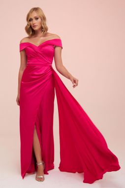 Carmen Fuchsia Satin Long Evening Dress with Side Train Slit