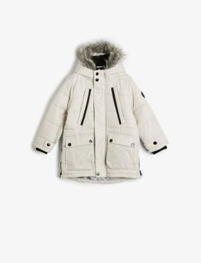 Koton Furry Hooded Coat Covered Pocket Zipper Detail Windproof