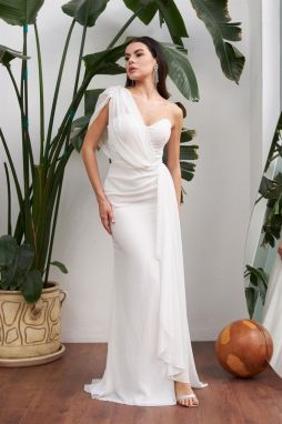 Carmen Ecru Chiffon One-Shoulder Slit Long Wedding Dress