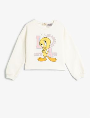 Koton Crop Sweatshirt Tweety Printed Licensed Raised Glitter Print Detailed