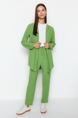 Trendyol Green Hooded Zippered Cardigan- Trousers Woven Two Piece Set