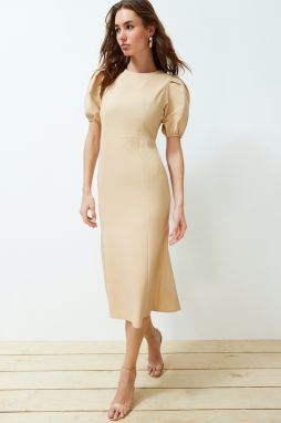 Trendyol Stone Body Wrap Midi Woven Balloon Sleeve Dress