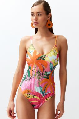 Trendyol Tropical Patterned V-Neck Low-Cut Back Regular Swimsuit