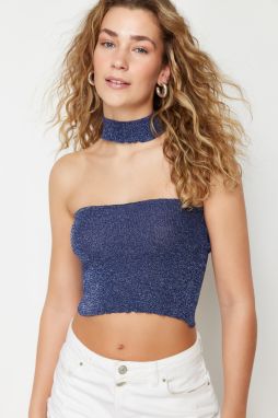 Trendyol Indigo Crop Glittery Yarn Knitwear Blouse