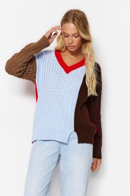Trendyol Red Wide Fit Color Block Pletený sveter s výstrihom do V