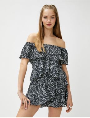 Koton Floral Mini Jumpsuit With Off-Shoulder Ruffles With Frills