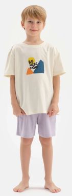 Dagi Ecru Boy's Slogan Printed Short Sleeve Pajama Set with Shorts