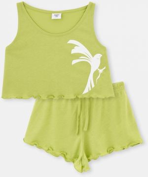 Dagi Green Bird Pattern Knitted Singlets Shorts Pajamas Set