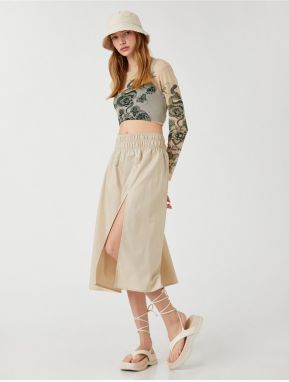 Koton Midi Skirt with Slit Detail, Cotton and Guita Waist.