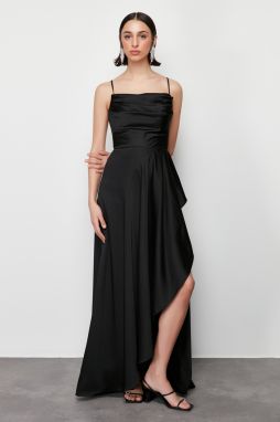 Trendyol Black Draped Satin Long Evening Dress