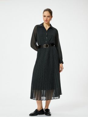 Koton Polka Dot Chiffon Dress Midi Pleated Long Sleeve Buttoned Belted