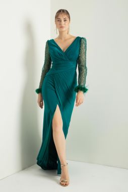 Lafaba Dámske smaragdovo zelené rukávy s výstrihom do V s kamennými rozparkami Dlhé večerné šaty