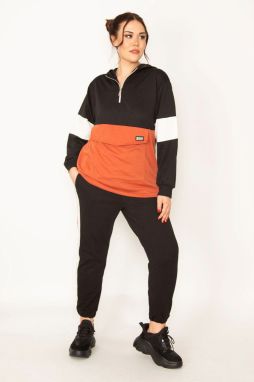 Şans Women's Plus Size Orange Pat Zippered Kangaroo Pocket And Hooded Tracksuit