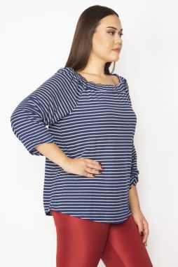 Şans Women's Plus Size Navy Blue Striped Tunic with Elastic Collar And Ruffle Detailed Sleeves